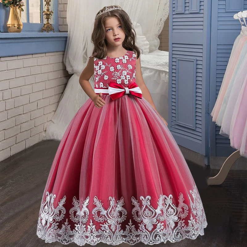 Girls Long Pink Wedding Dress Lace embroidered flower Party Tulle Princess Birthday Dress First Communion Gown for Girls