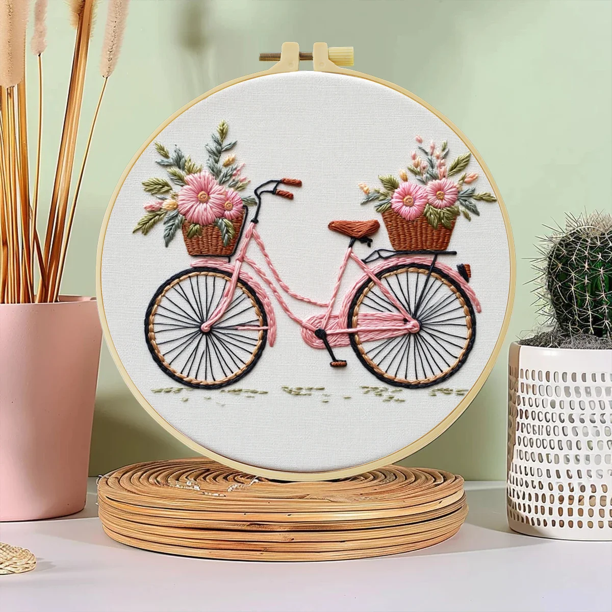 1pc 20X20CM/7.87inch Flowers on the Bicycle Embroidery Starter Kit DIY Kit Sewing Art Home Decor Set for Beginner
