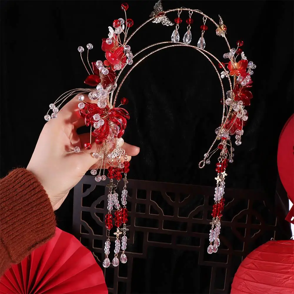 

Ancient Chinese Style Bride Tiaras Luxury Flower Bride Headdress Gem Tassel Wedding Hairband Hair Accessories