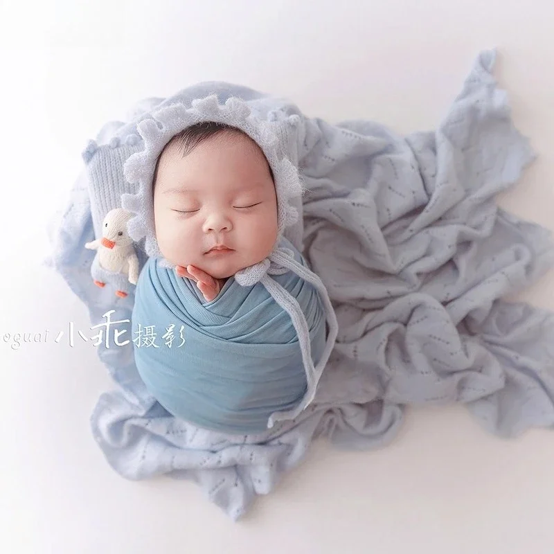 Newborn Photography Props Accessories Strentch Wrap Hat Headband Florals Blue Knitted Blanket Set for Studio Photoshoot Props