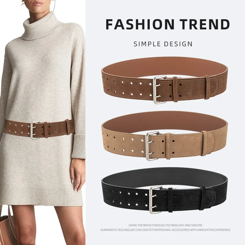 2024 Newest Design Nubuck Leather Wide Waist Belts Women Fashion Jacket Dress Belt Accessories Fashion Winter Cowhide Cinture