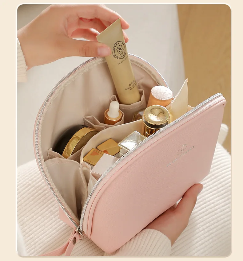 

Shell Leather Pouch Bags Clutch for Women Portable Semi-round Toilet Bag Hand-held Pu Cosmetic Bag