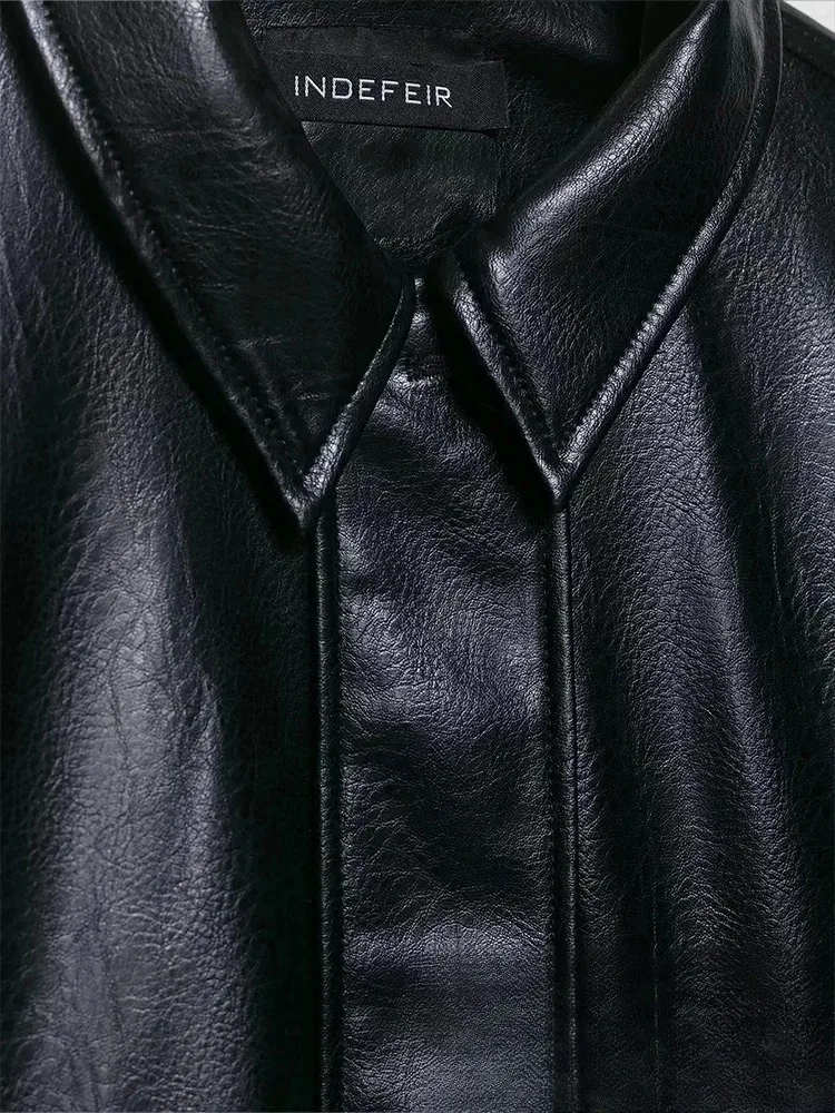 KONDALA Casual Chic Giacca in pelle nera Tasche da donna Manica lunga Cappotti con cerniera Moda 2025 Autunno Inverno Streetwear Outwears