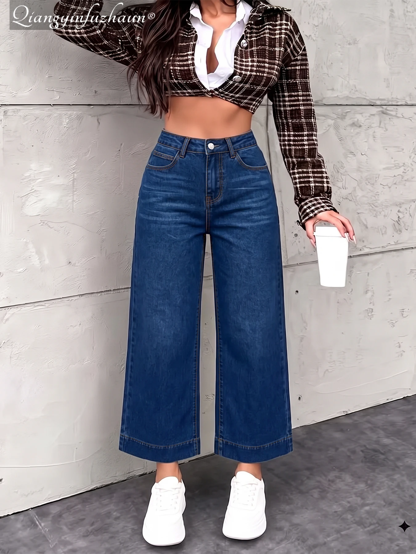 Women's High Waisted Wide Leg Jeans, Wide Hem Design Loose Fit Stretch Denim Pants for Casual Office Dating