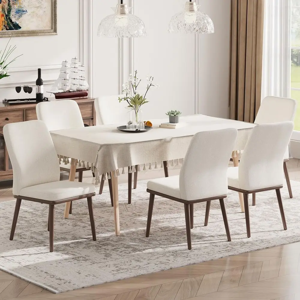 

Set of 6 Wooden Dining Chairs with Beige Fabric Upholstery for Kitchen and Dining Room