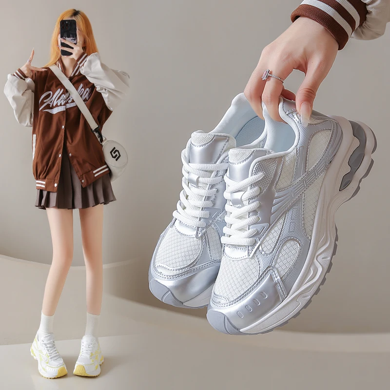 

Woman Wear Resistant Platform Casual Shoes Mujer Spring Autumn Breathable Mesh Sneakers Women Mix Color Lace Up Sports Shoes