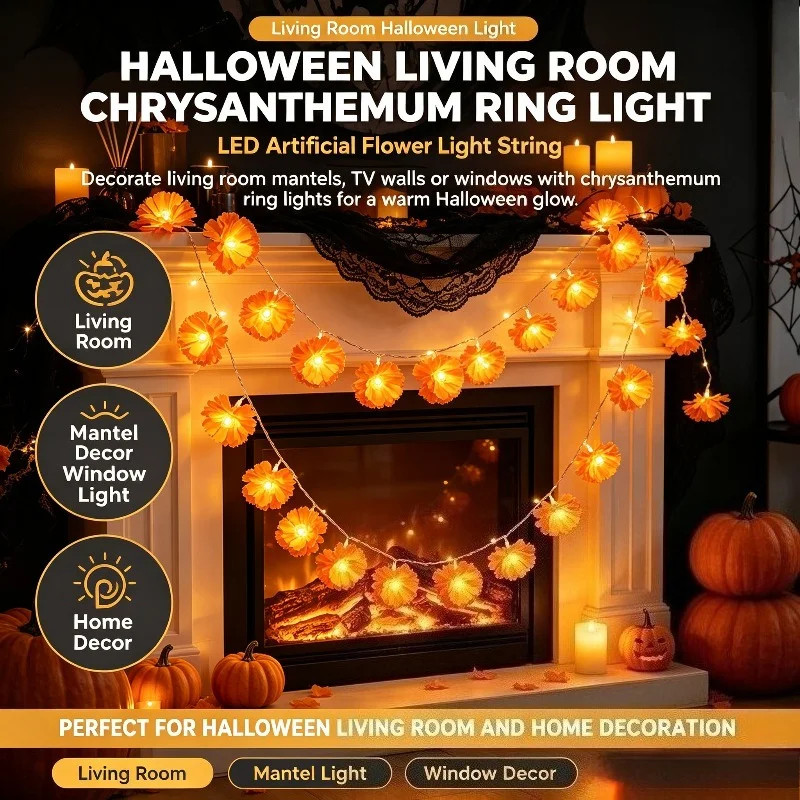 Orange Flower Ring Light String Halloween Decoration Style for Living Dining Room Wall for Apartment Bedroom Decor Night Glow