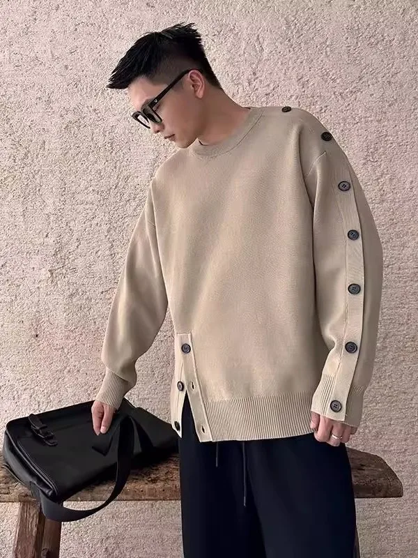 

Вязаный свитер больших размеров для мужчин и женщин с пуговицами на плечах, боковыми разрезами, в американском повседневном стиле, свободного кроя, осенне-зимний топ