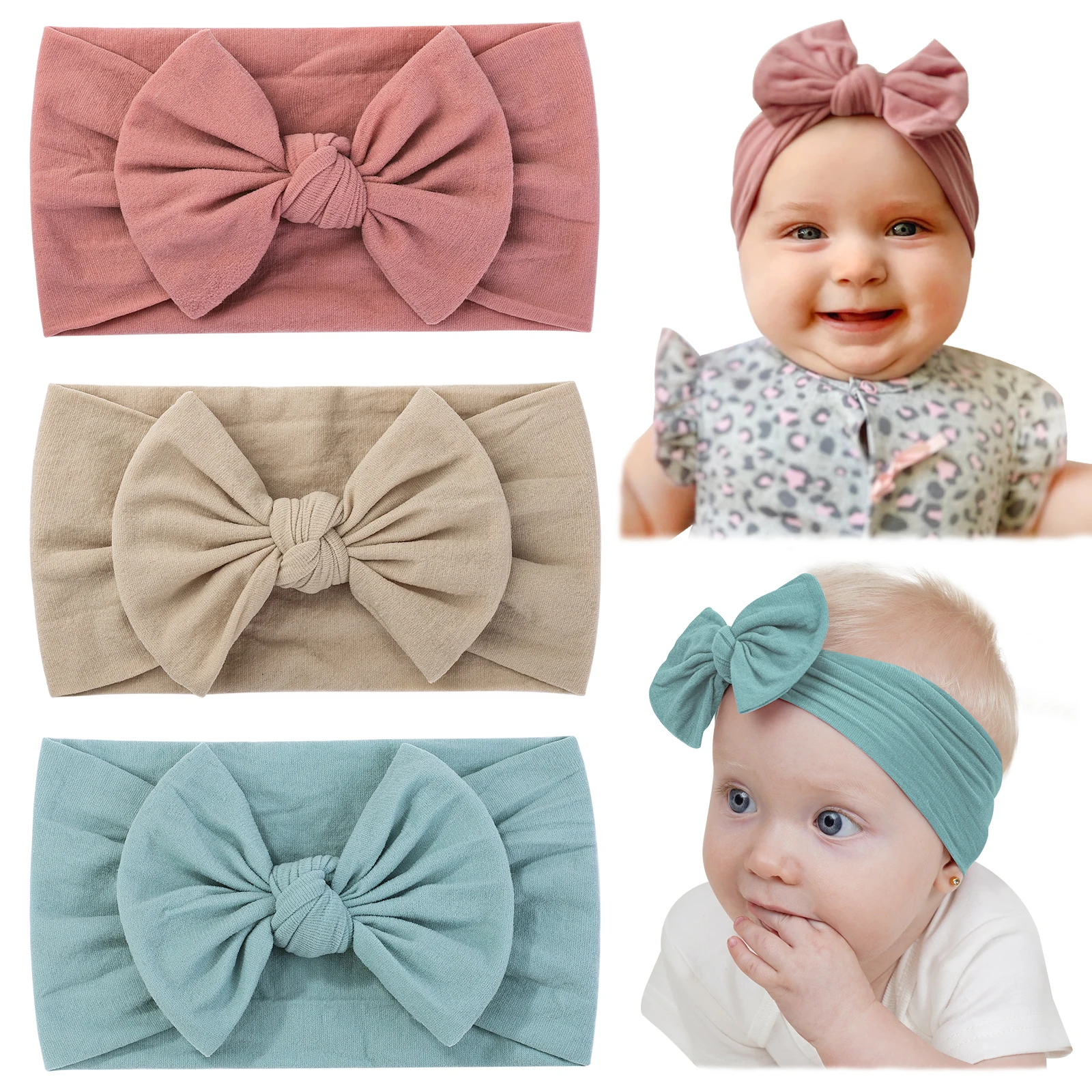3 stücke Elastische Stricken Baby Stirnband Set für Mädchen Weiche Nylon Turban Bögen Kinder Haar Zubehör Neugeborenen Großhandel Geschenk