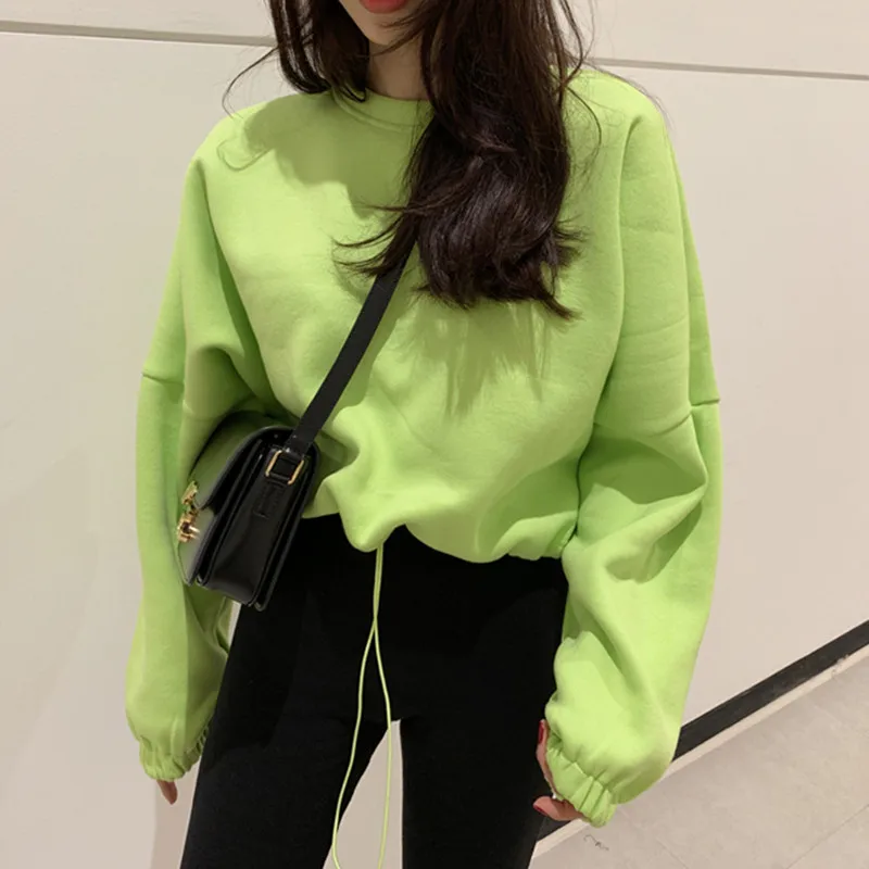 Long Sleeve Hoodie Sweatshirt Women Casual Slim Pullover Neon Green Sweatshirt O-neck Solid Sweatershirt Harajuku Tops Hoodie