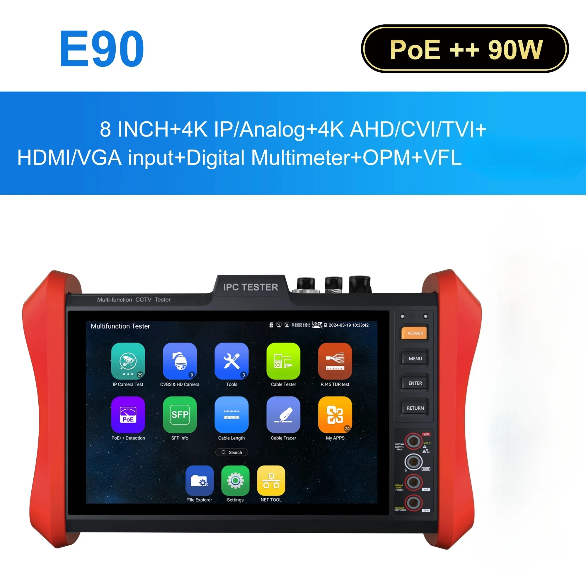 E90 8 inch Monitor POE++ 90W SFP 4K H.265 IP 8MP AHD/TVI/CVI CCTV Camera Testing Tool HDMI VGA input Cable Tester E88/E89/E90