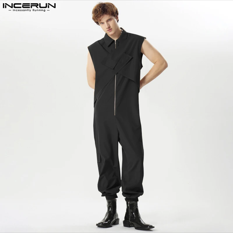 

INCERUN 2024 American Style New Men's Cross Design Zippered Overalls Jumpsuits Casual Simple Male Solid Sleeveless Rompers S-5XL