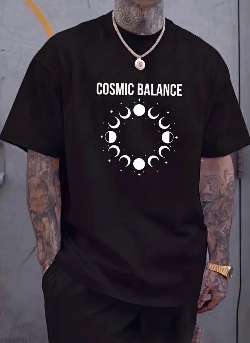 

Cosmic Balance Moon Phases Graphic Tee Black Printed Tee with Circular Lunar Design Unisex Top Casual Wear Streetwear Style