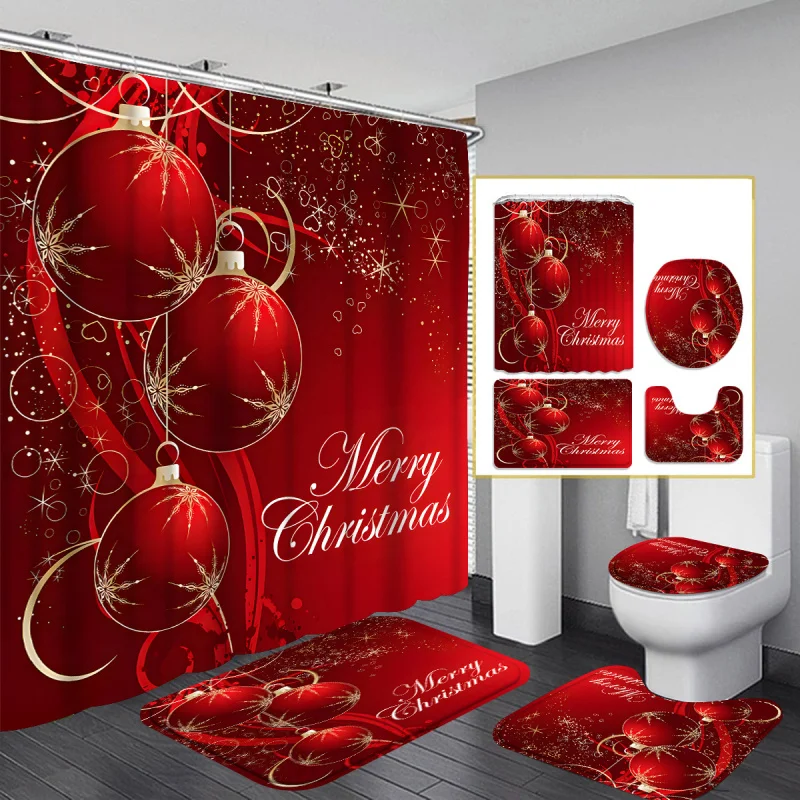 1Pc/4Pcs Christmas Red Christmas Ball, Multi-Color Background Pattern Shower Curtain, Modern Personality Bathroom Decoration, Wa