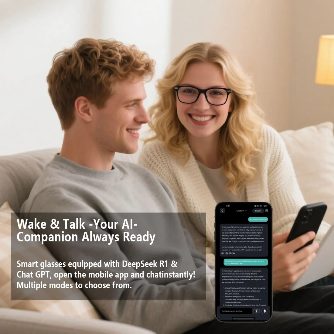 نظارات ترجمة الذكية AI، ترجمة التطبيقات في الوقت الحقيقي في 164 لغة، عدسات فوتوكروميك، عدسات مسطحة باللون الرمادي والأسود.