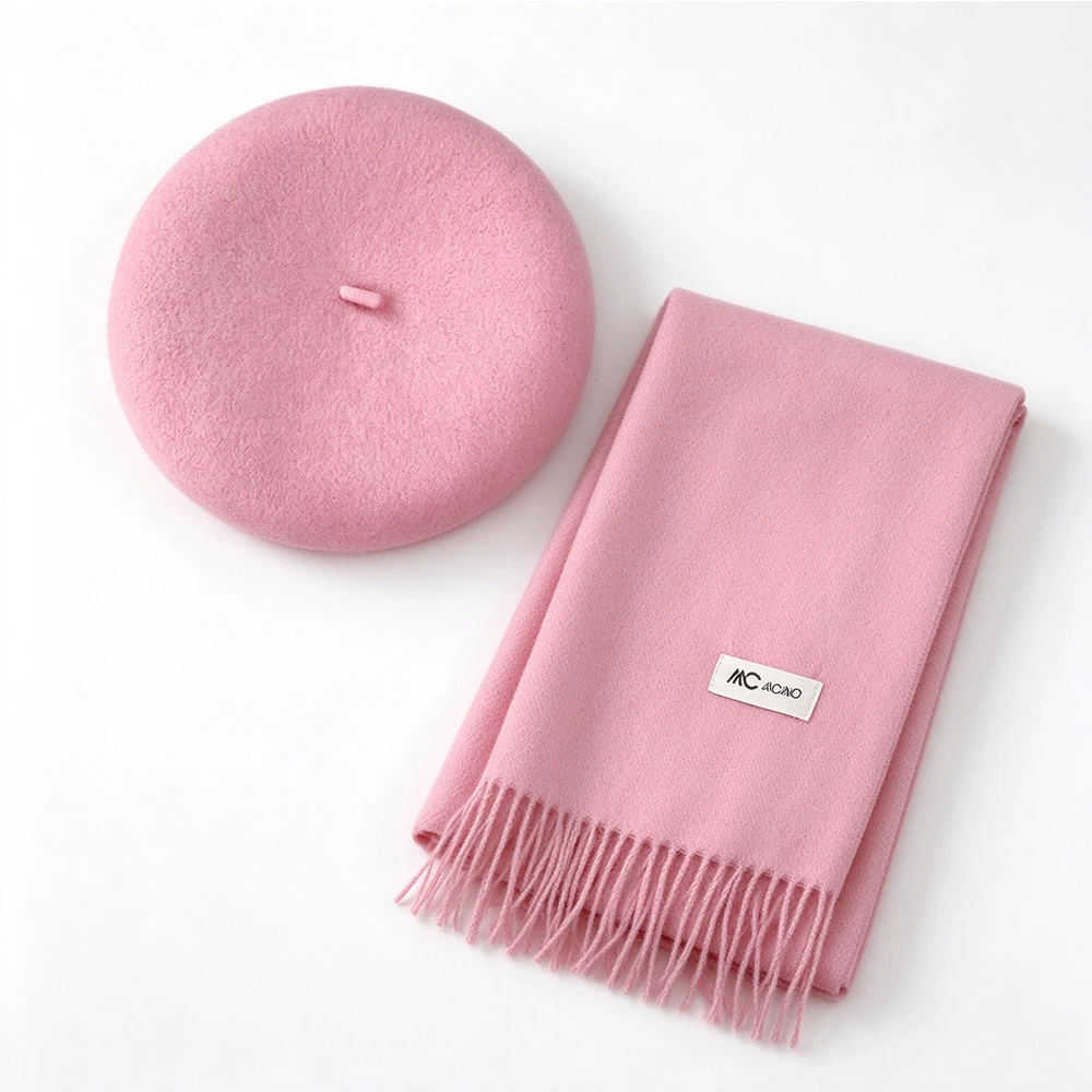 100% Wool Beret and Tassel Scarf, Solid Color, Women's Winter Warm Beret/Painter Hat, Can Be Paired with Other Scarves beret hat