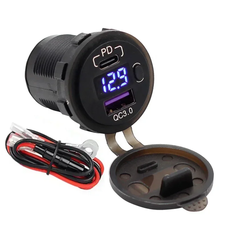 Waterproof Marine Boat USB Charger 12V Dual USB C PD3.0 Type C QC3.0 Car Charger Socket Power Outlet With LED Voltmeter Switch