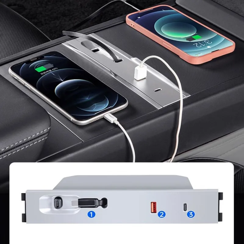 80W Expansion Dock For Tesla Model 3 2024 Central Control Charging Shunt USB HUB Highland Accessories Extender Fast Intelligent