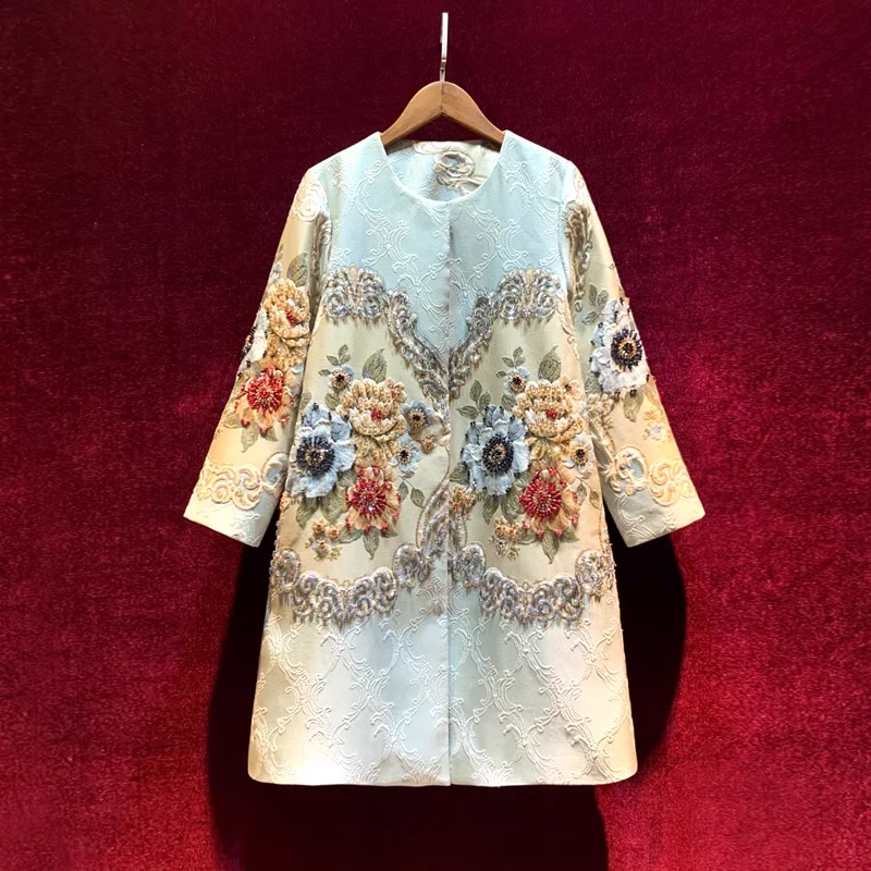

Vintage Autumn Winter Embroidery Jacket Women Floral Beading Long Coat Covered Button Outwear Trench Skirt O-neck