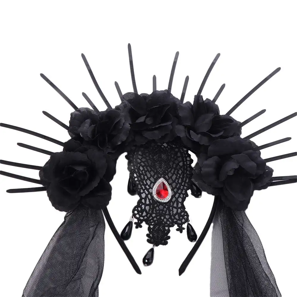 

Retro Mesh Halloween Headband Rhinestone Rose Veil Headband Crown Long Bride Hairband Girl
