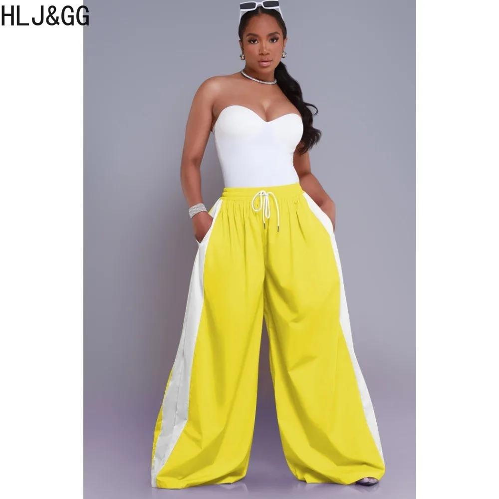 HLJ&GG Fashion Stripe Stitching Loose Wide Leg Pants Women Elastic High Waist Drawstring Pocket Straight Trousers Casual Bottoms