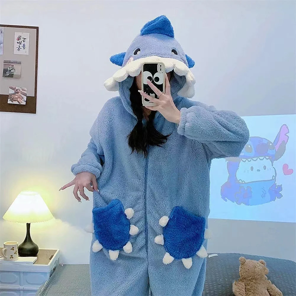 Blue Shark One-piece Pajamas Anime Cartoon Cosplay Costumes Winter Coral Fleece Warm Hooded Nightgown Full Zipper Thick Onesies