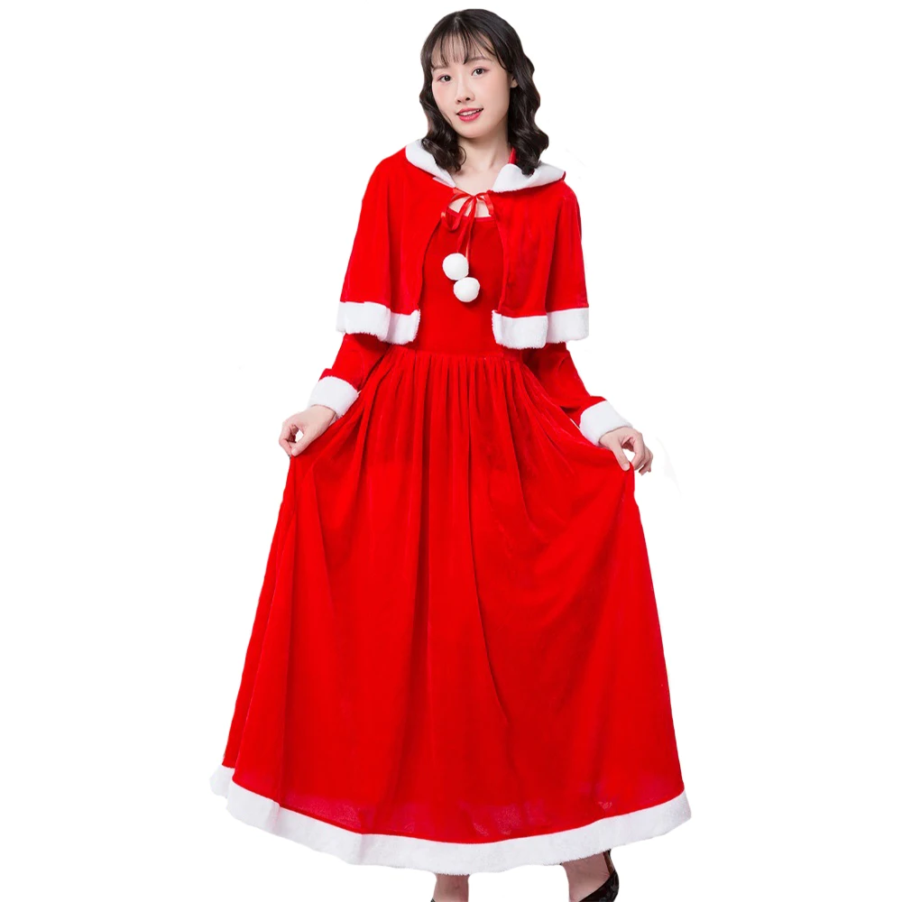 Women's Mrs Santa Claus Red Christmas Costume Christmas Party Long Dress With Shawl/Cape Faux Fur New Year Velvet Full Length