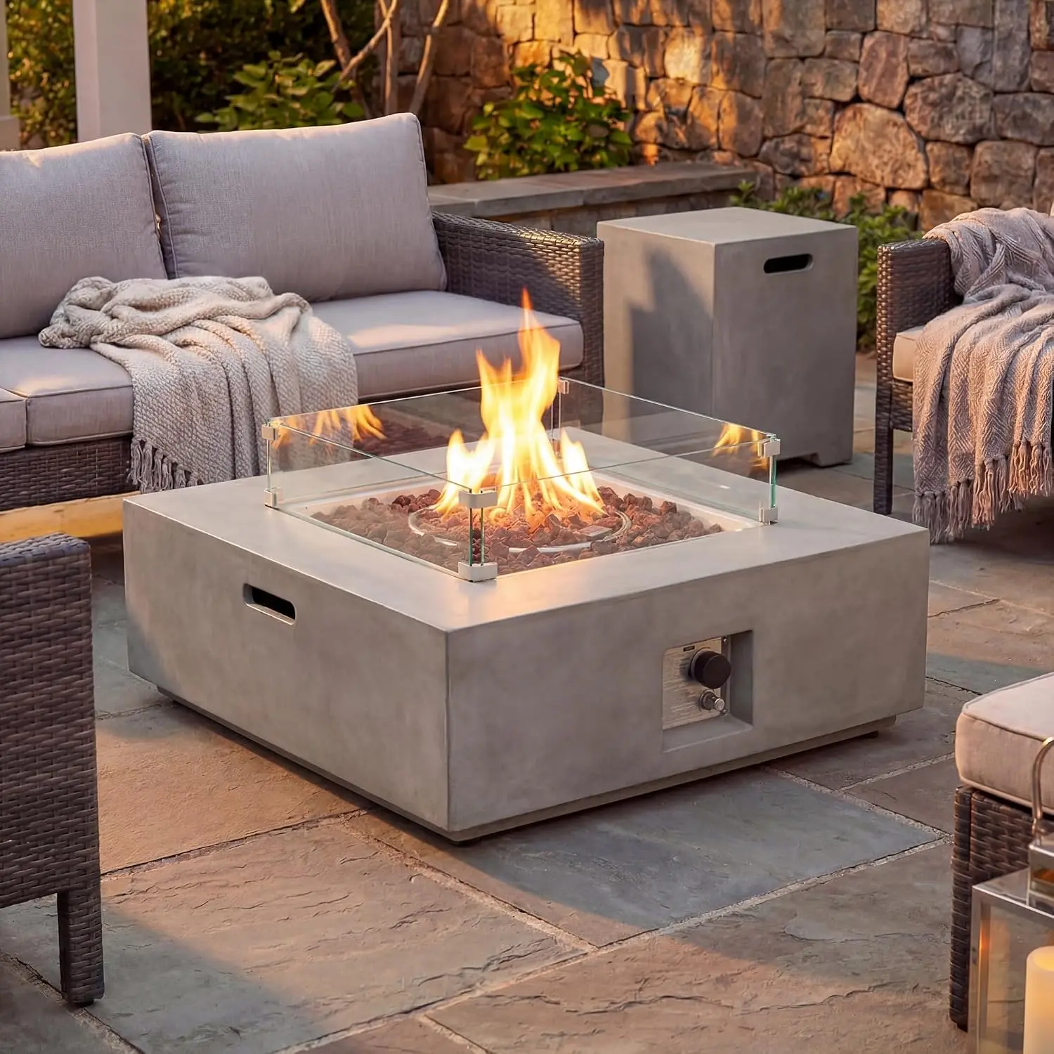 35-inch Square Outdoor Sandstone Propane Fire Pit w Wind Guard and Side Table, Certified, 50,000 BTU Stainless, Customized