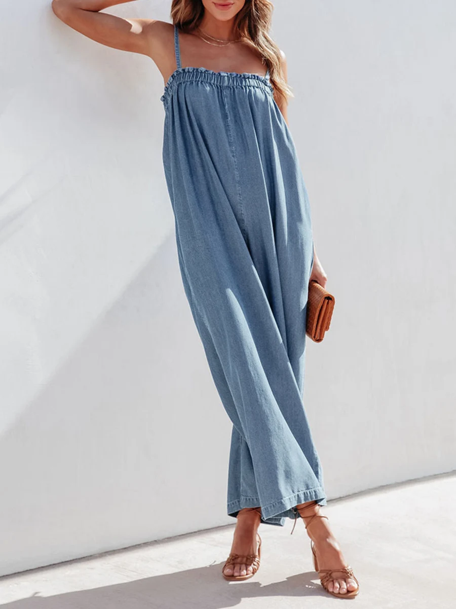 Women s Wide Leg Jumpsuits Plus Size Suspender Denim Overalls Loose  Baggy Rompers Pants with Pockets