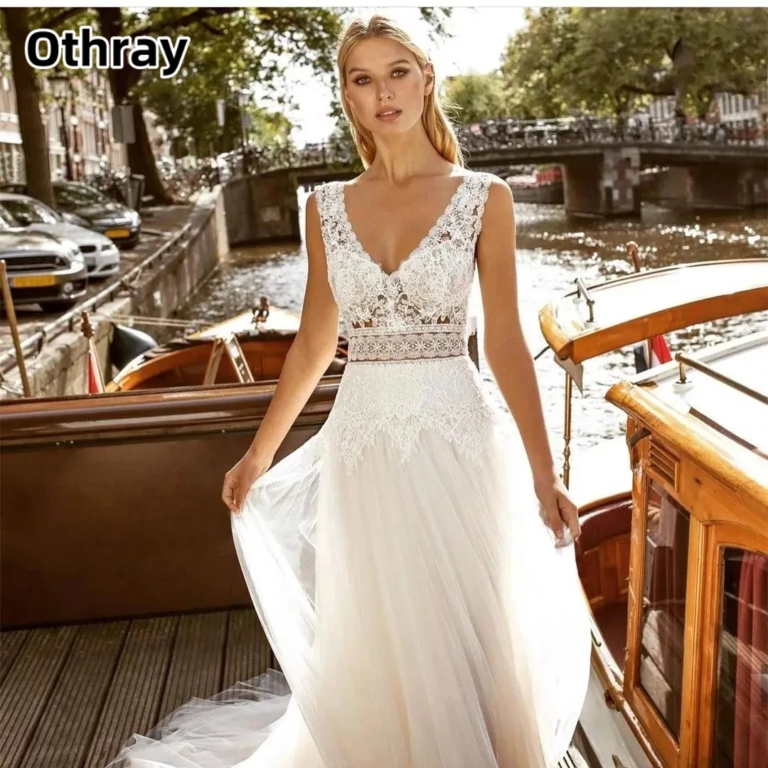 Othray Bohemia Vintage gelinlik seksi v yaka Backless gelin elbiseler dantel aplikler A-Line önlük gelinler için Vestidos De