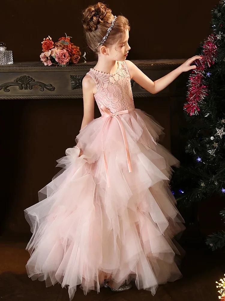Flower Girl Wedding Party Dresses Pink Red New 2025 Girls Sleeveless Dress Round Neck Princess Gowns Long Prom Gown Customized
