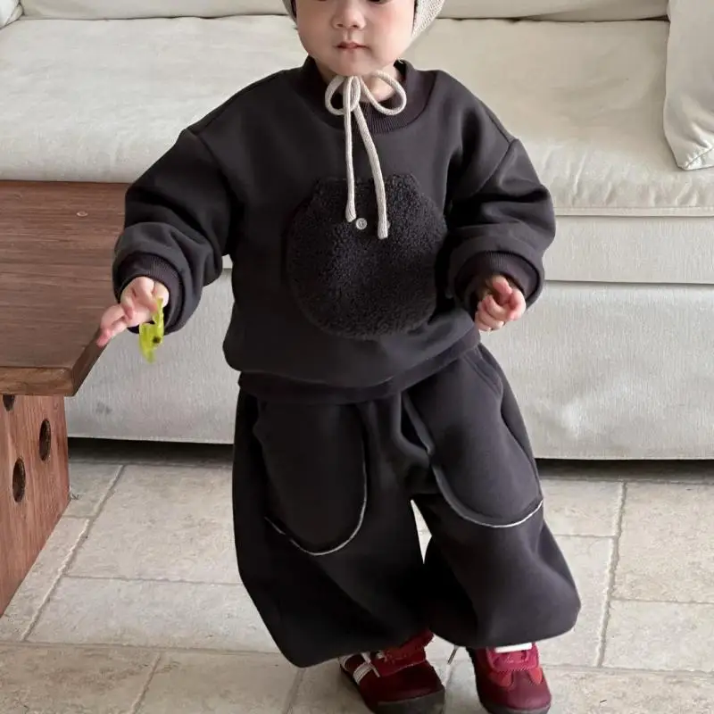 2025 Winter New Boys Girls Plus Velvet Thick Sweatshirt Children Long Sleeve Pullover Solid Baby Warm Fleece Sweatshirt