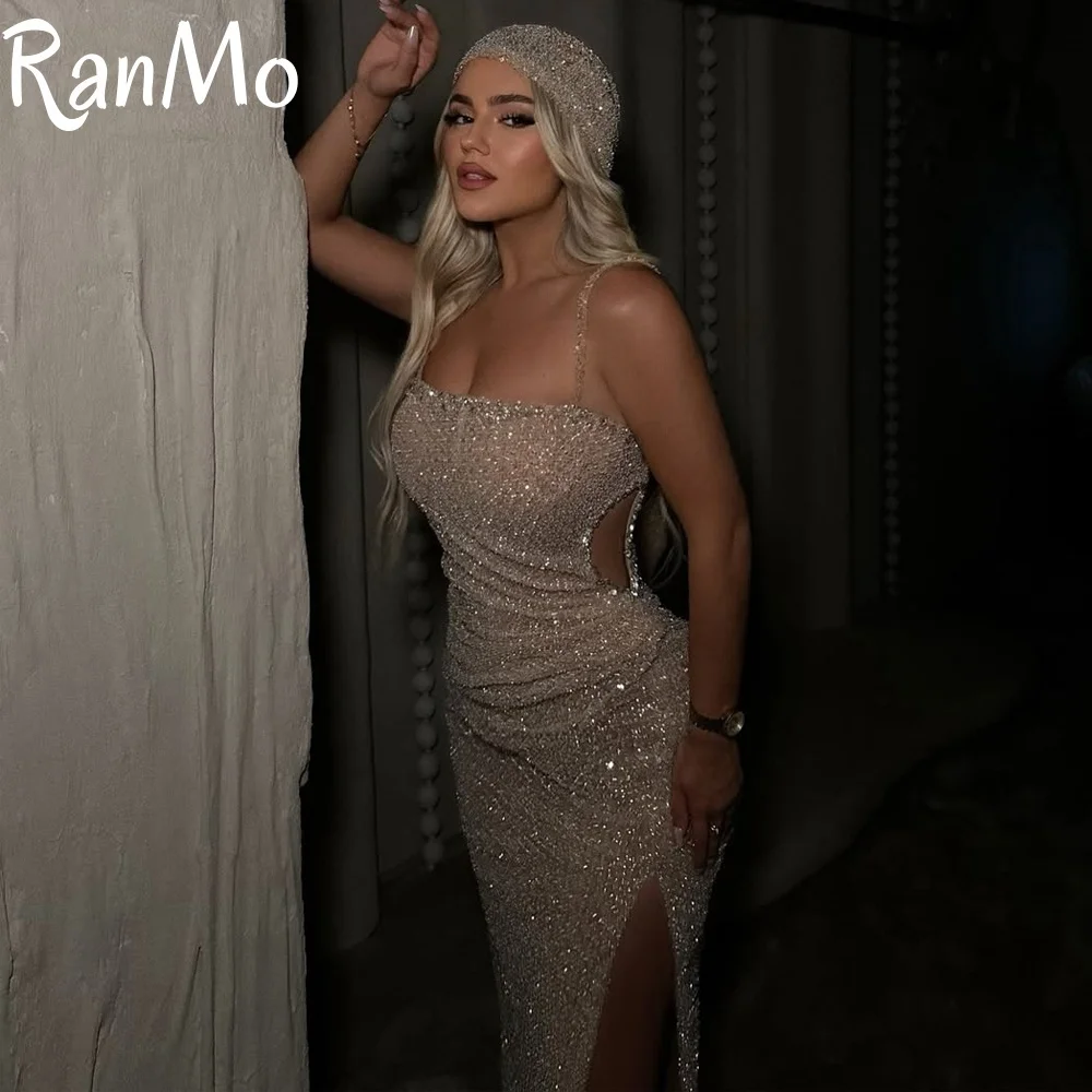 Ranmo-vestidos de noche con lentejuelas color champán para mujer, vestido de fiesta con abertura, ilusión, tirantes finos, lujo, personalizado
