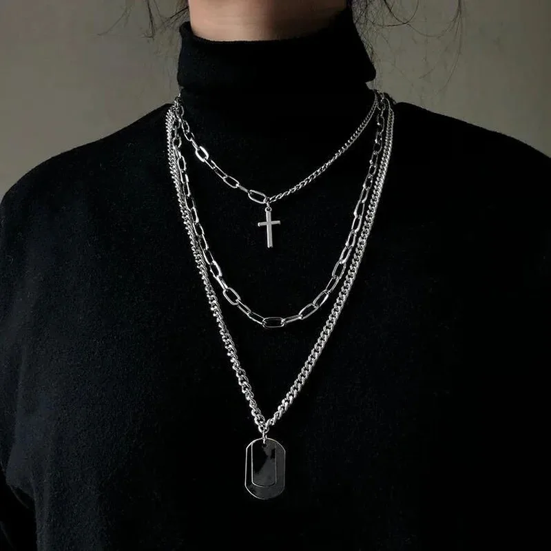 

TUES New Personality Cross Square Metal Multilayer Hip hop Long Chain Cool Simple Necklace For Women men Jewelry Gifts 19