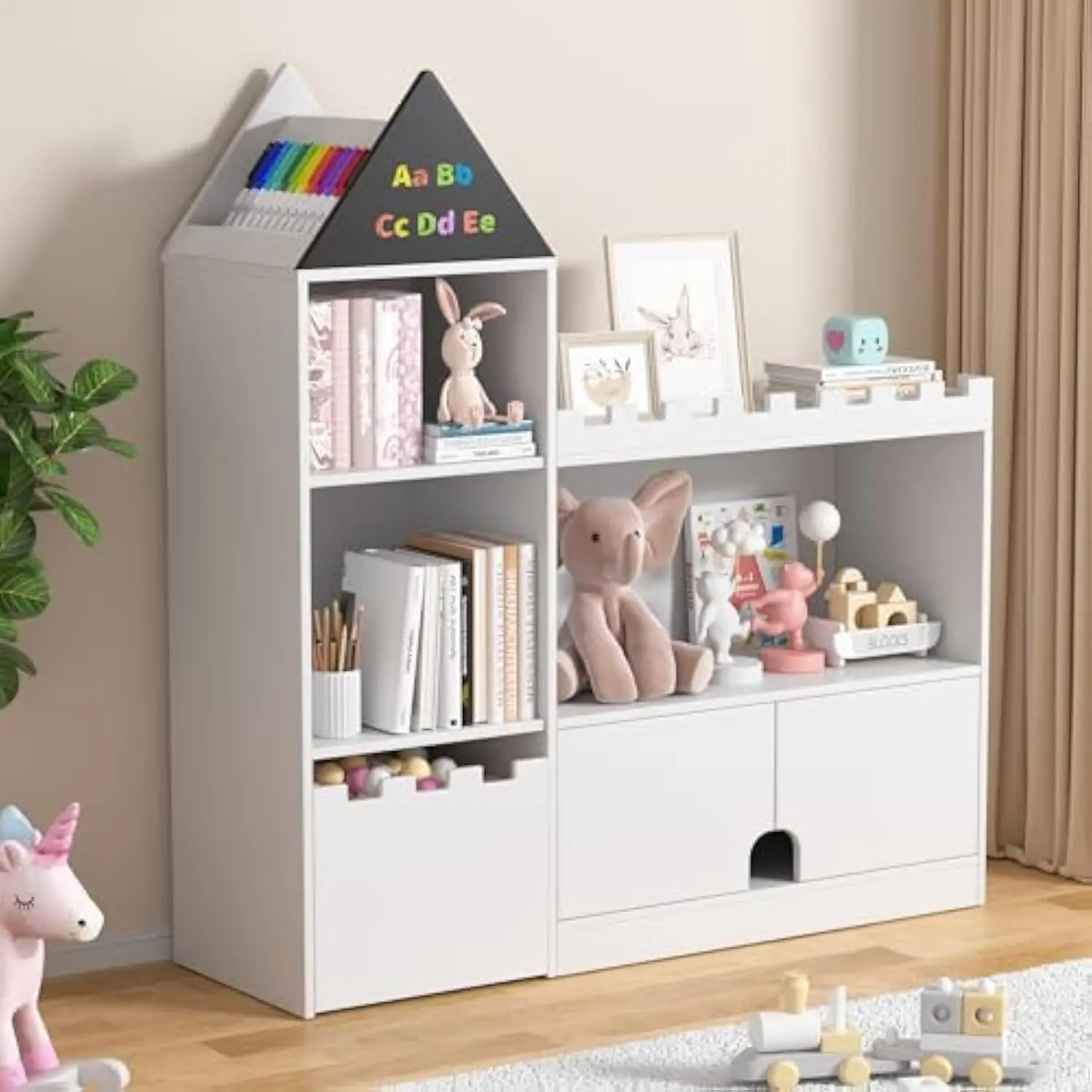 

Toy Storage Organizer, Wood Kids Castle Bookshelf, 6 Cubby Children Bookcase, Montessori Book Shelf for Nursery, Playroom, Livi