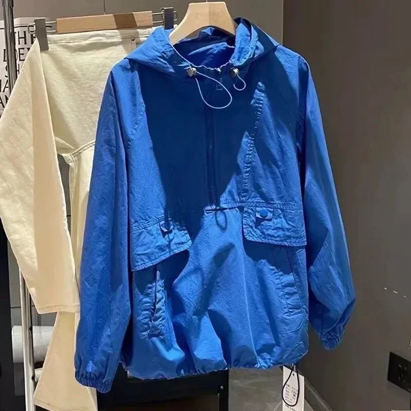 Pop Pop Women Zipper Jacket Fashion Yellow Summer Hooded Top Thin Coat 2025 New Korean Loose Sun Screen Clothing Hoodies Outwear
