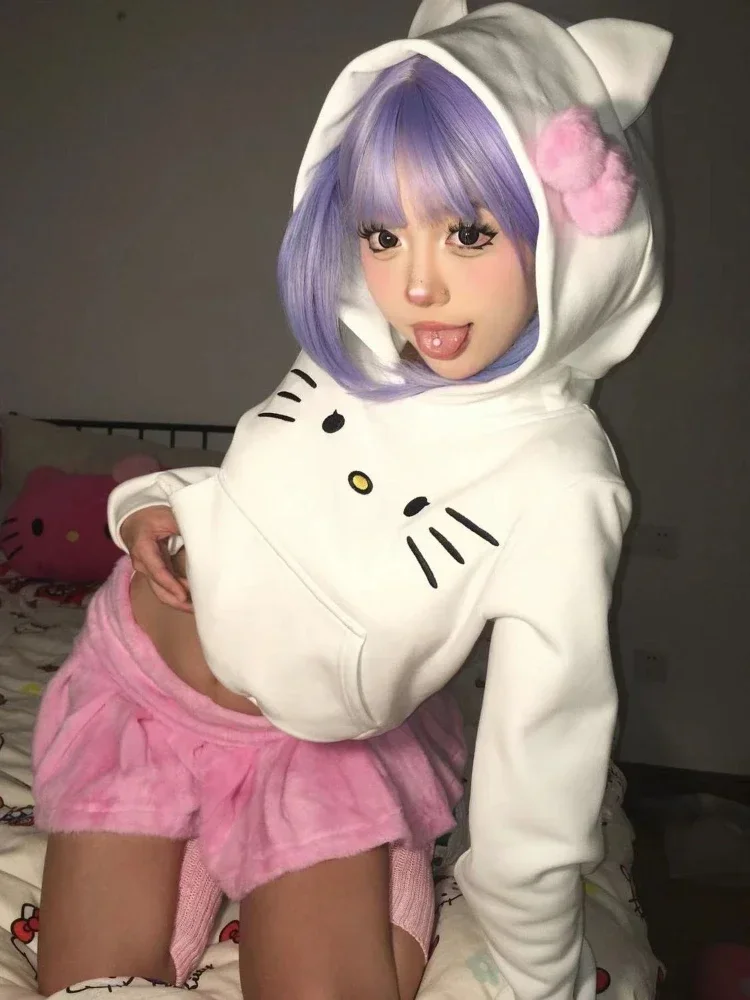 2023 Autumn New Hello Kitty Sweater Coat 3D White Bow Embroidery Short Cute Hooded Sweater Fashion Top for Girls Women Students