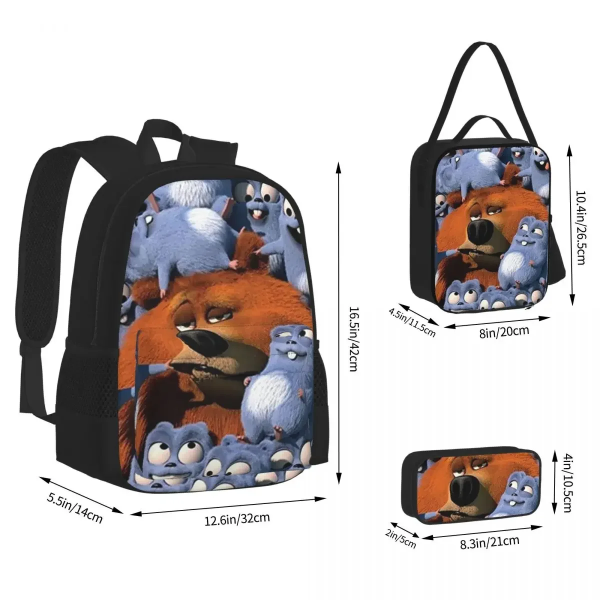 Grizzy And The Lemmings Backpacks Boys Girls Bookbag Students School Bags Kids Rucksack Lunch Bag Pen Bag Three-Piece Set