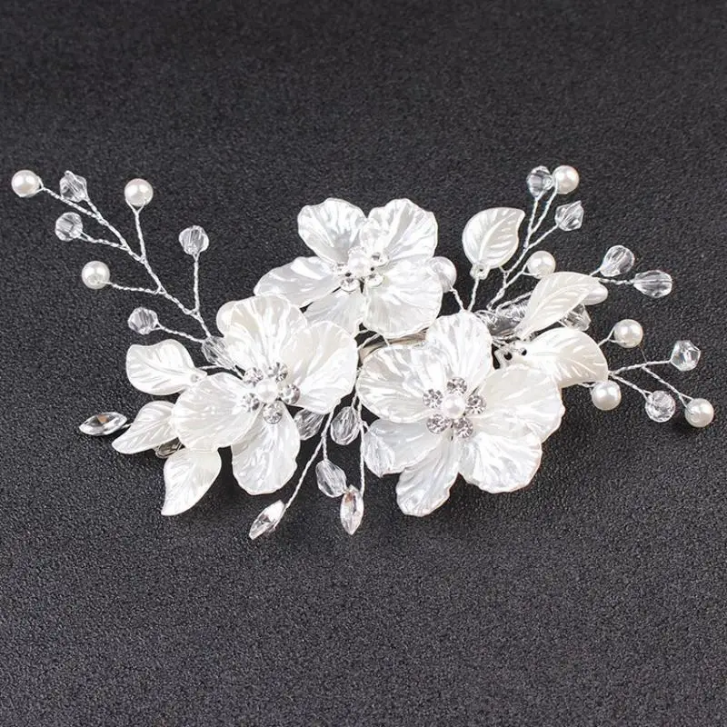 White Floral Bridal Hair Clip With Faux Pearls And Rhinestones For Wedding Prom Bridesmaid Events