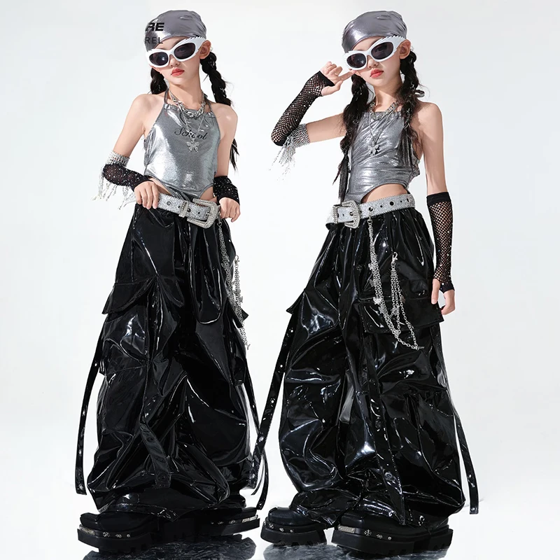 Jazz Dance Clothing Girls Stage Costume Kpop Performnace Outfit Silver Top Black Shuffle Pants Catwalk Show Trendy Suit AMY2291