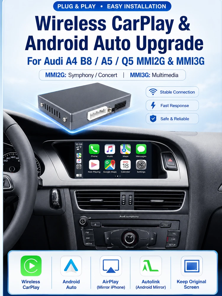 AUTOTOP Kabelloser Apple CarPlay Android Auto Decoder Box für Audi A4 B8 S4 RS4 A5 8T S5 RS5 Q5 8R 2008-2017 MMI 2G / MMI 3G Plus Original-Bildschirm Nachrüst-Schnittstelle AirPlay MirrorLink