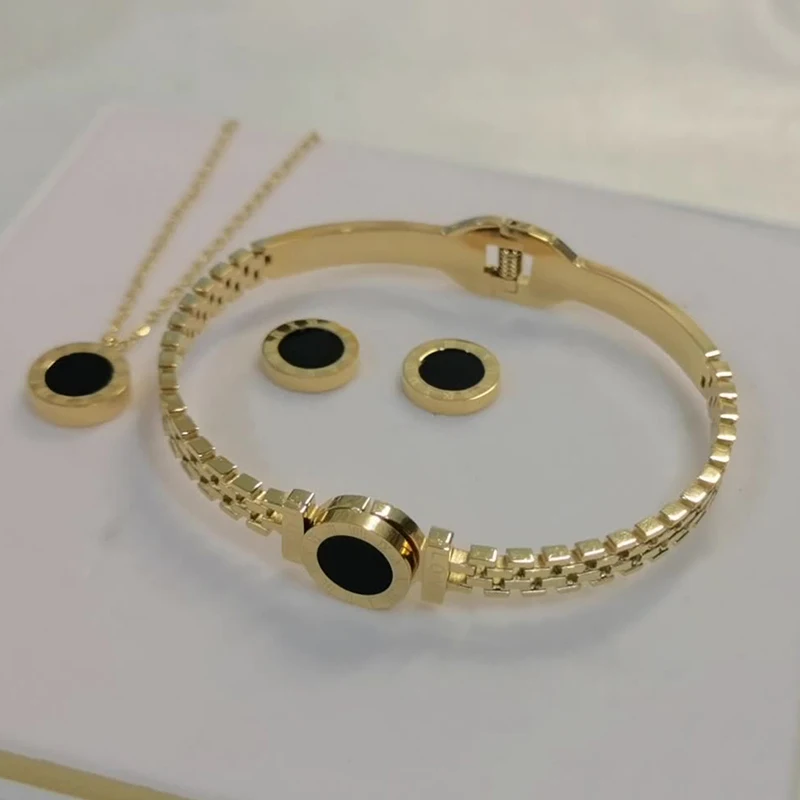 316L Stainless Steel Hollow Black Roman Numeral Round Bracelet Earring Necklace Colorless Wedding Jewellery Set