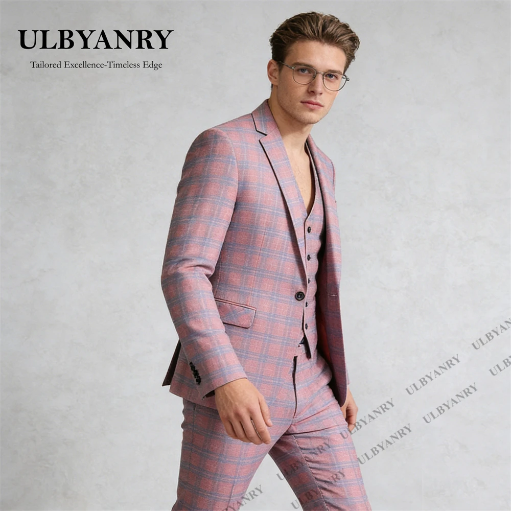 ULBYANRY Timeless Three Piece Suit Set for Men, Three Piece Formal Tuxedo, Plaid Jacket Waistcoat and Pants, L-6XL Big Tall Man