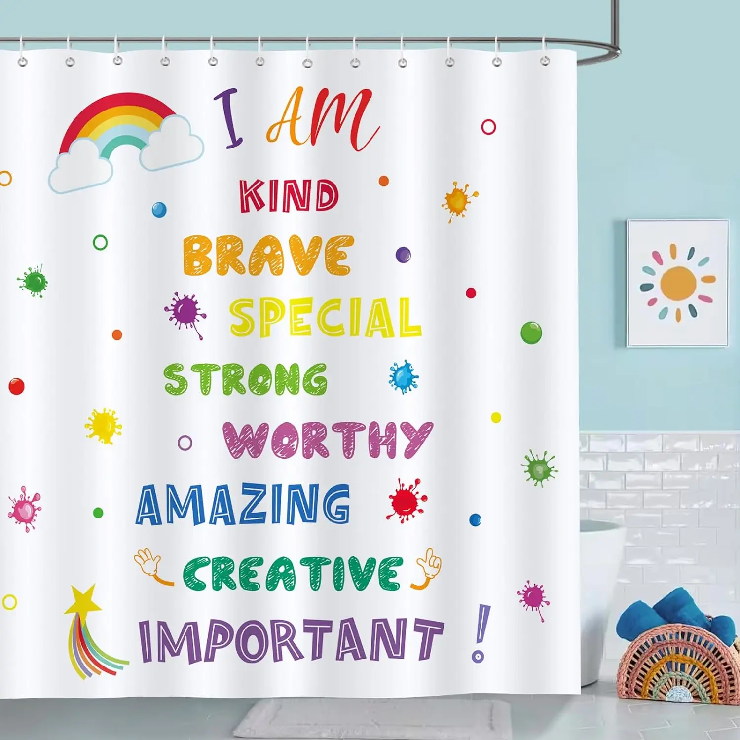 Colorful Kid Quotes Shower Curtain Rainbow Polka Dot Inspirational Motivation Words Kid Bathroom Decor Polyester Fabric  Curtain