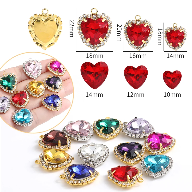 10pcs Crystal Heart Pendant Necklace Metal Button With Claw Hanging Rhinestone Accessories DIY Earrings Jewelry Decor Crafts