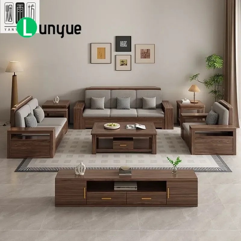 New Chinese Style Solid Wood Sofa Black Walnut Combination Living Room Furniture Nordic Simple Design Winter Summer Dual