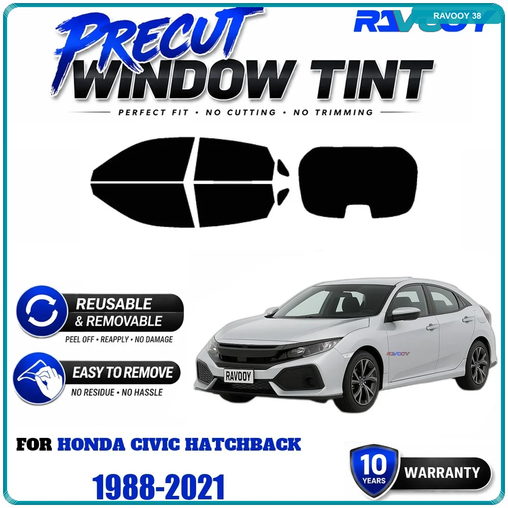 RAVOOY Precut Window Tint, Reusable Removable EPU Film, Custom Fit for Honda Civic Hatchback 1988-2021, UV Heat Protection