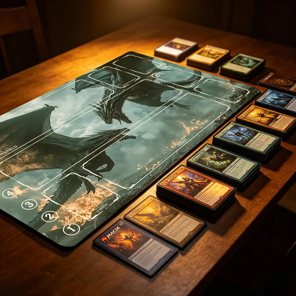 Unique Dual Black Dragon Duel Art TCG Playmat Complete Zone Layout, Large Non-Slip Rubber Fantasy Trading Card Table Pad