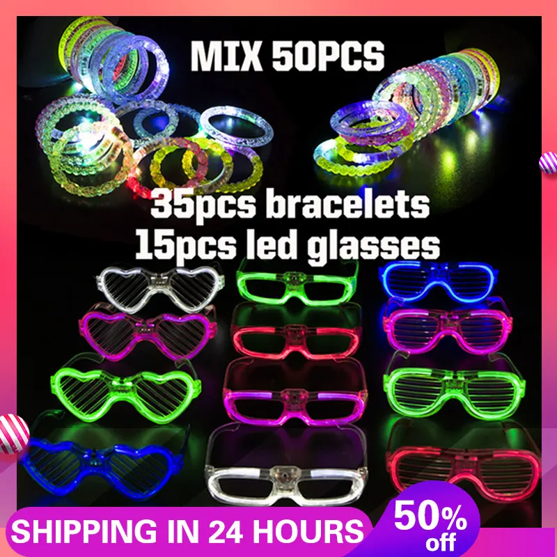 50 PCS Mix Led Glasses Bracelets LED Light Up Party Favors Glow in the Dark Party Supplies Adults LED Glow Glasses