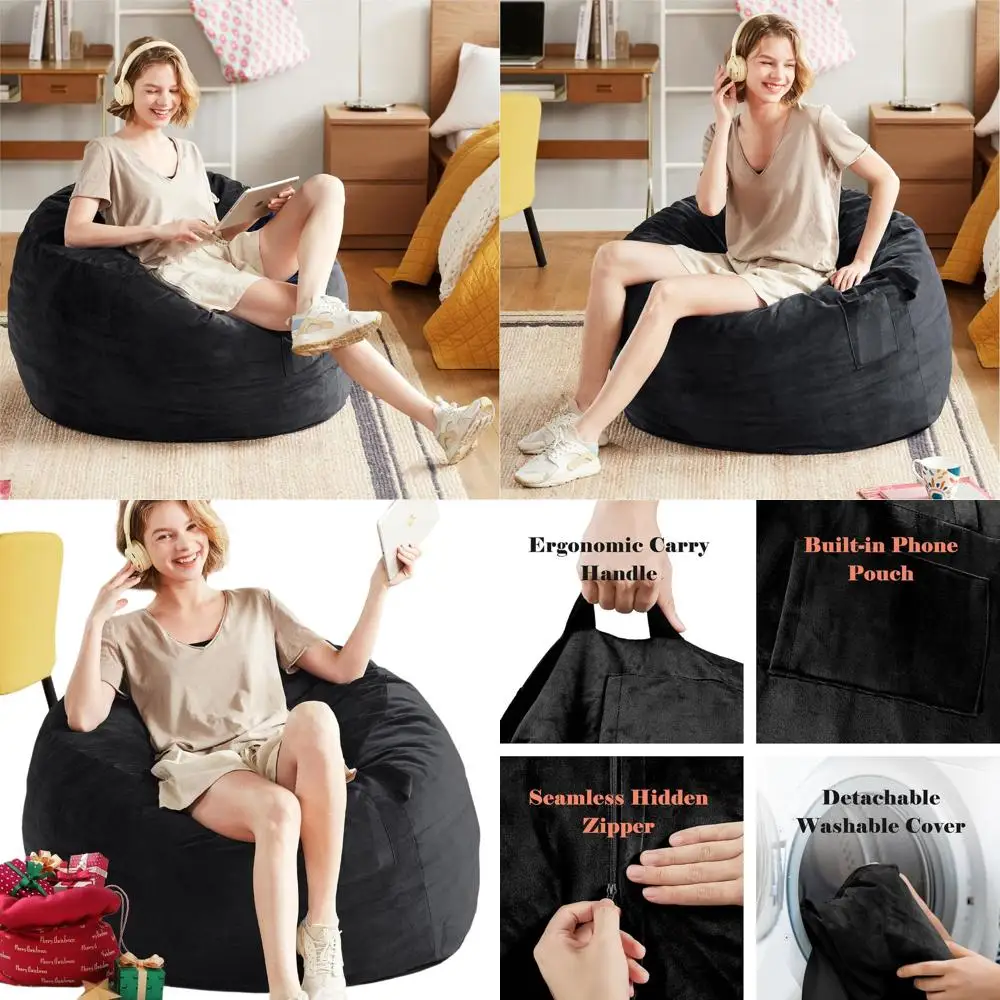 كرسي بين باج أسود قابل للغسل بطول 3 أقدام مع حشو لطلاب الجامعات والكبار #1